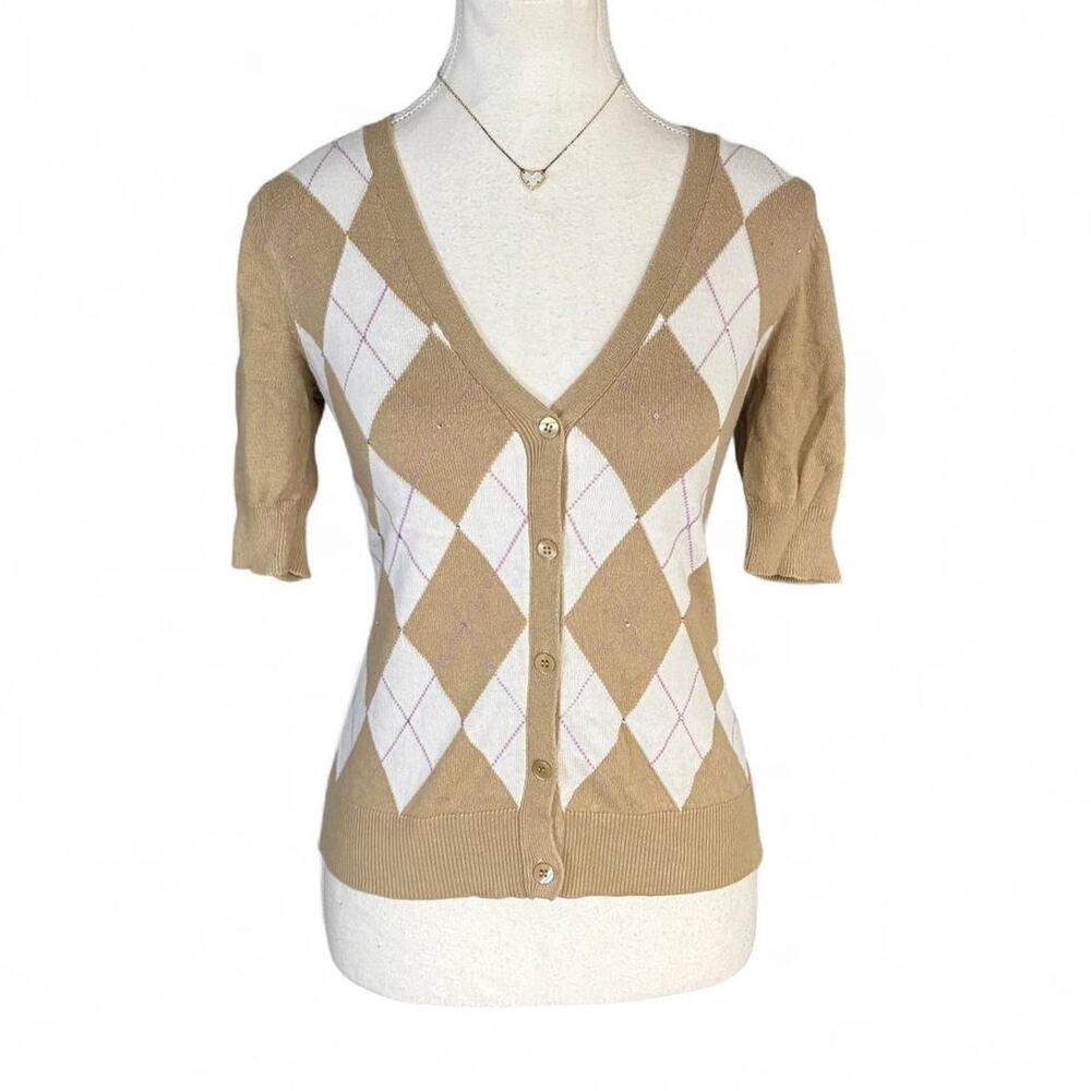 Y2K preppy argyle short sleeve cardigan tan and cream New York & Company size XS